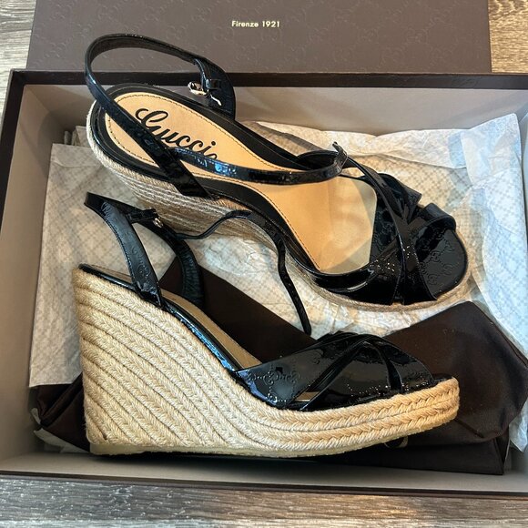 Gucci Monogram Vernice Microguccissima Espadrille Wedges Size 39.5 - Picture 2 of 13